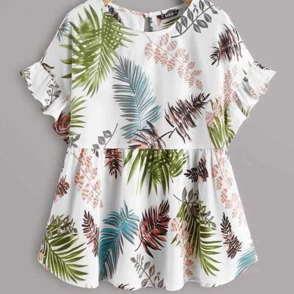 Tops - Plus Tropical Leaf Print Peplum Top